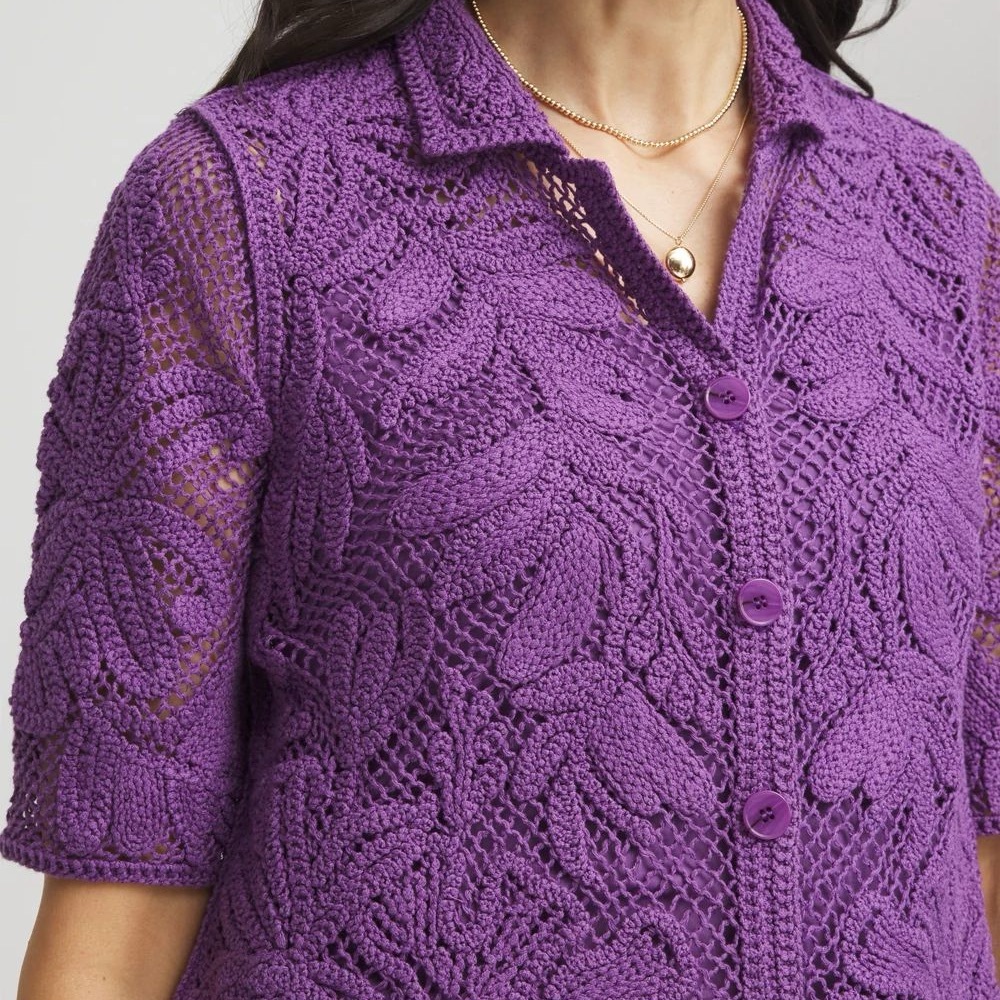 Chicos New Womens M Purple Cotton Blend Palm Frond Crochet Lace Shacket Cardigan - Picture 3 of 10